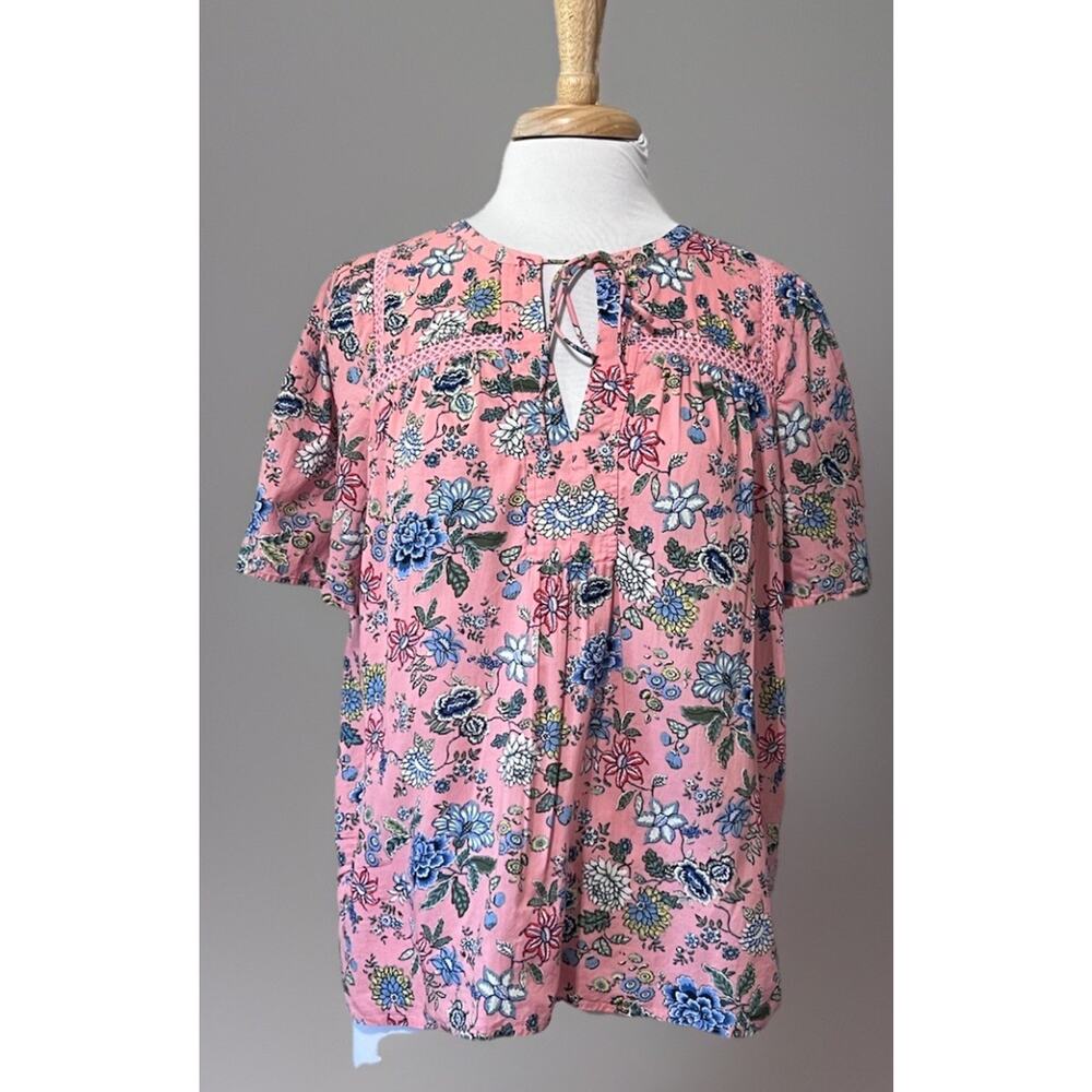 LOFT Womens Large Pink Blue Peasant Top Blouse Cottagecore Summer Cotton